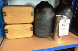 Contents of one shelf to include; 3 large clay pots, metal buckets and two wooden case sets