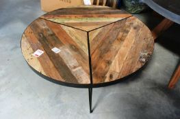 Metal framed reclaimed timber coffee table, 120cm diameter, 47cm high (please note: this lot is loca