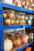 2 shelves to include; 18 tubs of Christmas glass baubles, medium and large (Pink, Gene, Blue, Gold