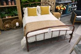 Copper effect double bed frame, with mattress, pillows, duvet cover, etc.