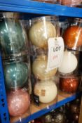 Contents of shelf to include; 25 large Christmas glass baubles, (Green, Pink, White, Black and Orang
