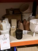 Contents of shelf to include assorted candle holders and vases (metal, wood and ceramic)