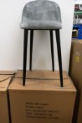 Two Grey Velvet / Dark wood legged stools (One unboxed)
