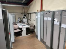 Works canteen furniture to include lockers (contents not included), two tables, chairs, fridge