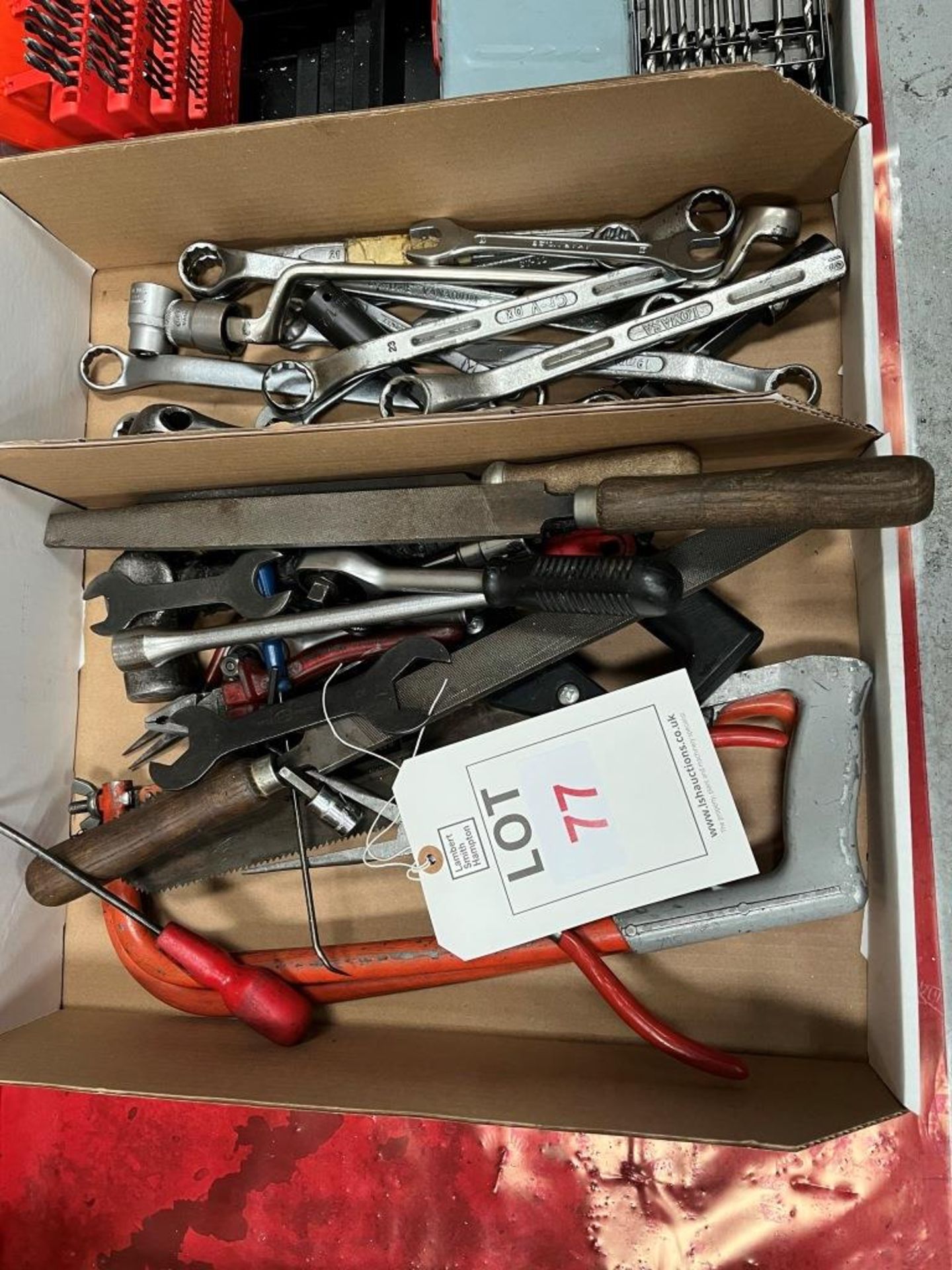 Assorted tools in two tote boxes