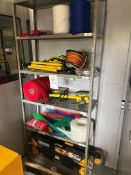 Rack and contents of assorted tools, lighting equipment, work benchs and protective plastic