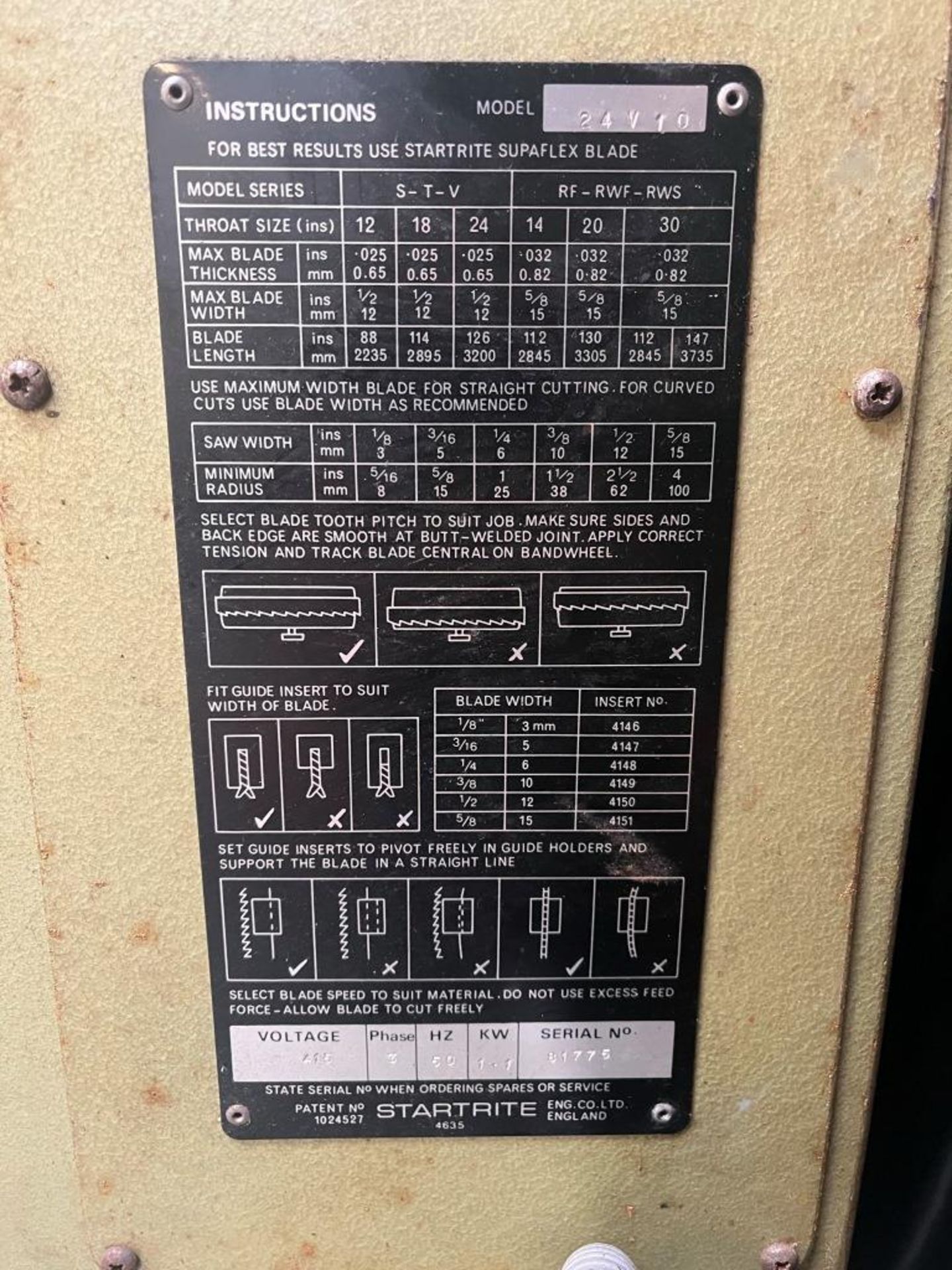 Startrite 24-V-10 vertical band saw, Please note: A work Method Statement and Risk Assessment must - Image 3 of 4