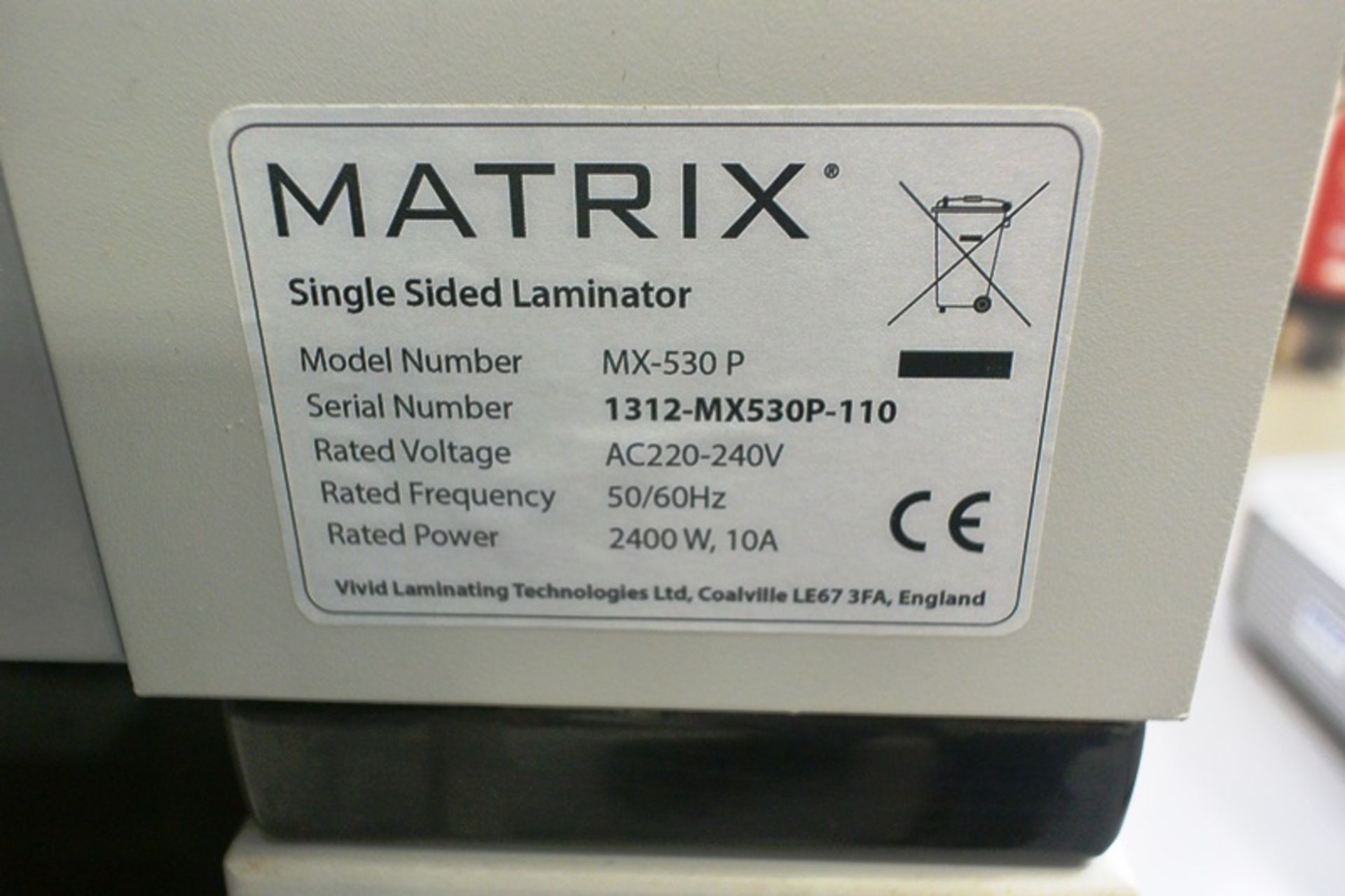 Matrix 530 reel feed continuous single sided laminating machine, model MX-530P, serial no. 1312- - Image 6 of 7
