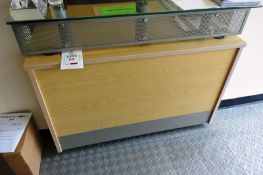 Light oak effect frame/glass shelf reception desk, approx width 1200mm