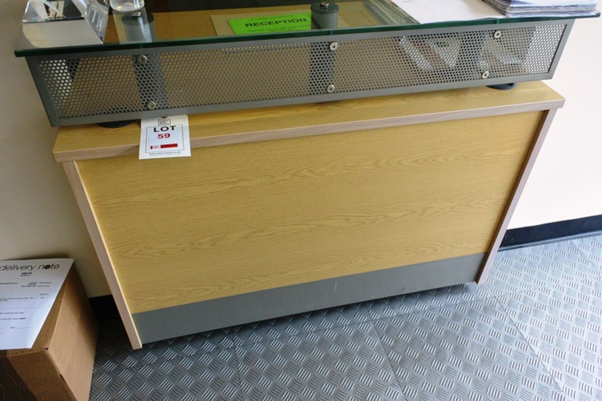 Light oak effect frame/glass shelf reception desk, approx width 1200mm
