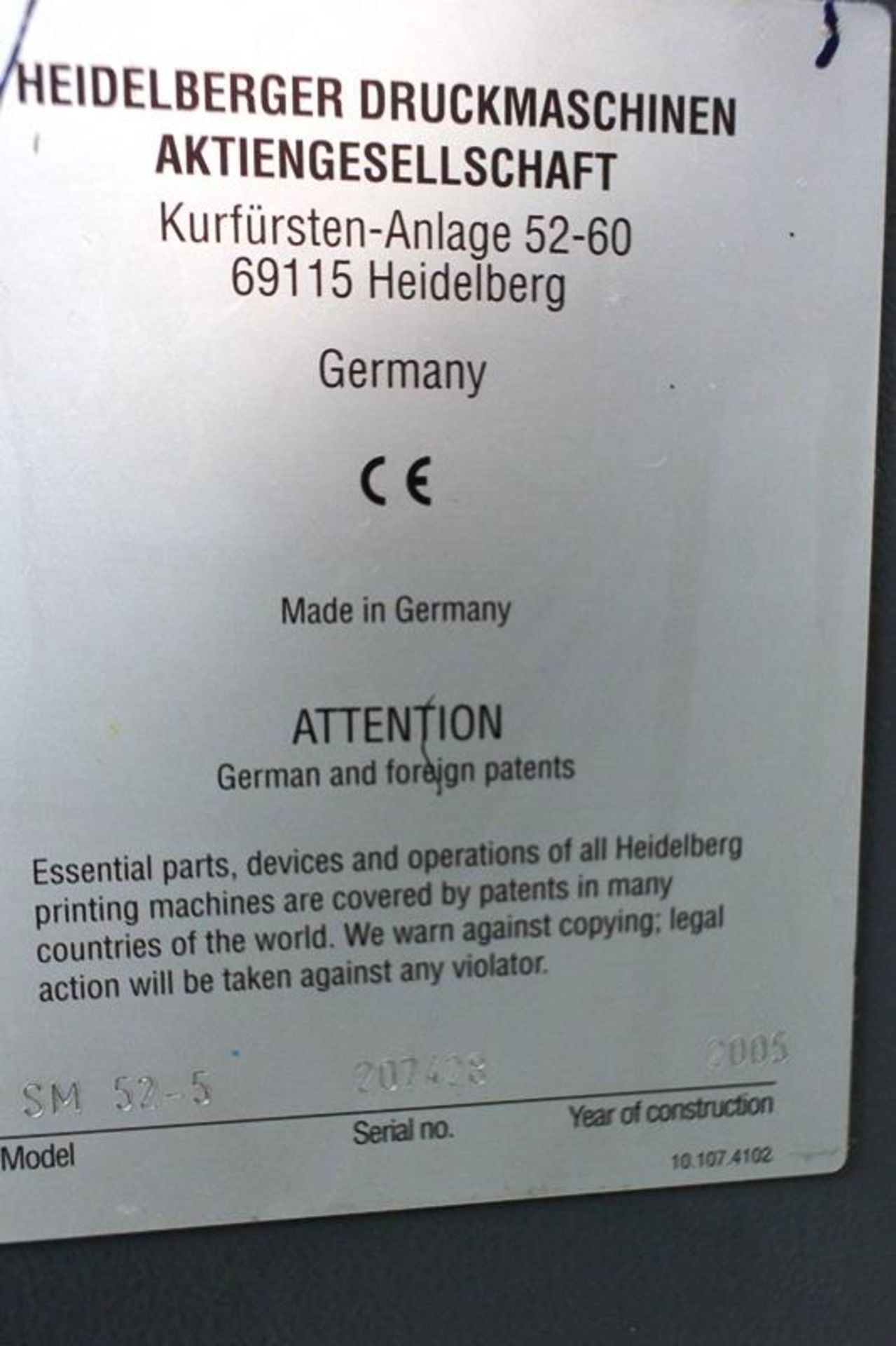 Heidelberg Speedmaster five colour lithographic offset printing press, model SM-52-5, serial no. - Image 6 of 15