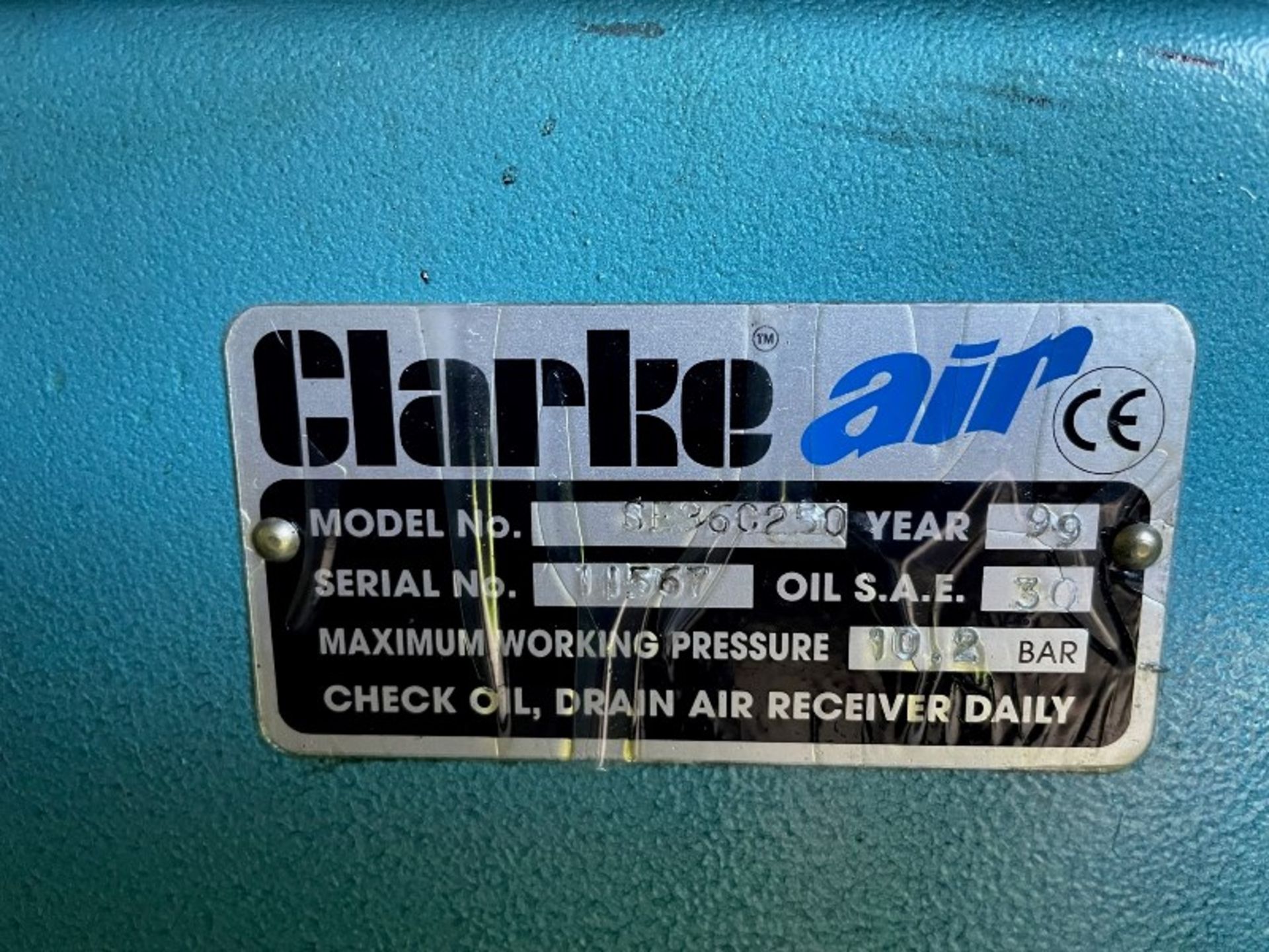 Clarke Air 36C250 receiver mounted air compressor (1999) - Image 2 of 2