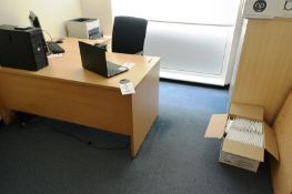 Light oak effect L shape office desk, 3 drawer pedestal unit, tamber fronted cabinet and two office