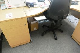 Light oak effect L shape office desk and 3 drawer pedestal unit, with office swivel chair