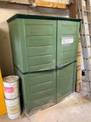 Plastic 2 door shed and contents to include various bonding coat multi finish plaster as lotted