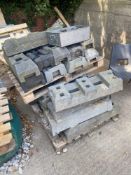 Pallet comprising various Harris fence footings and a box of Harris fence clamps