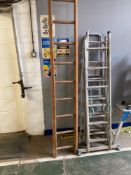 Three various aluminium stepladders and one wooden stepladder