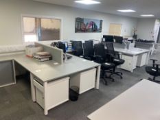 Two x 3 section desk pod comprising two desks 160cm x 80cm, one end desk 163cm x 60cm, two white