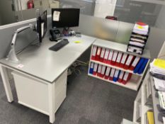 Two Grey topped white metal framed desks length 160cm depth 80cm height 73cm complete with privacy