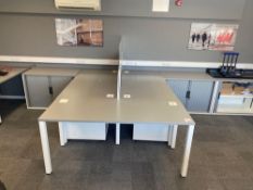 3 section desk pod comprising two desks 160cm x 80cm, one end desk 163cm x 60cm, two white wooden