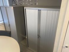 Two Bisley grey metal roller fronted 3 shelf office storage units length 100cm depth 47cm height