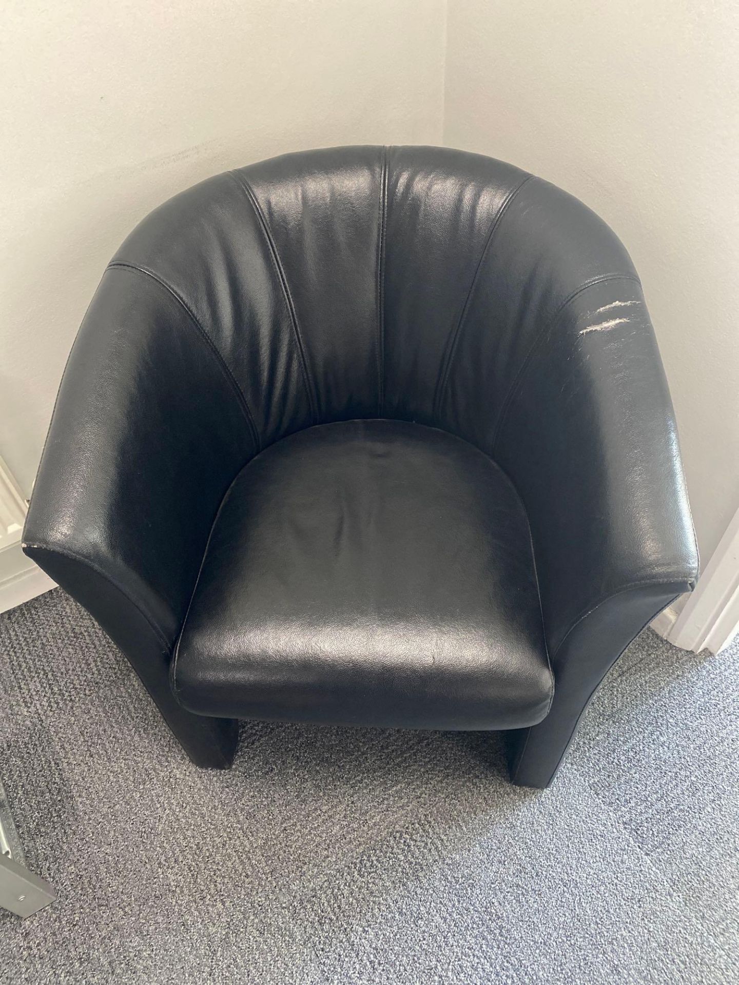 Two Black Leatherette tub chairs and a steel frame glass top display unit - Image 3 of 4