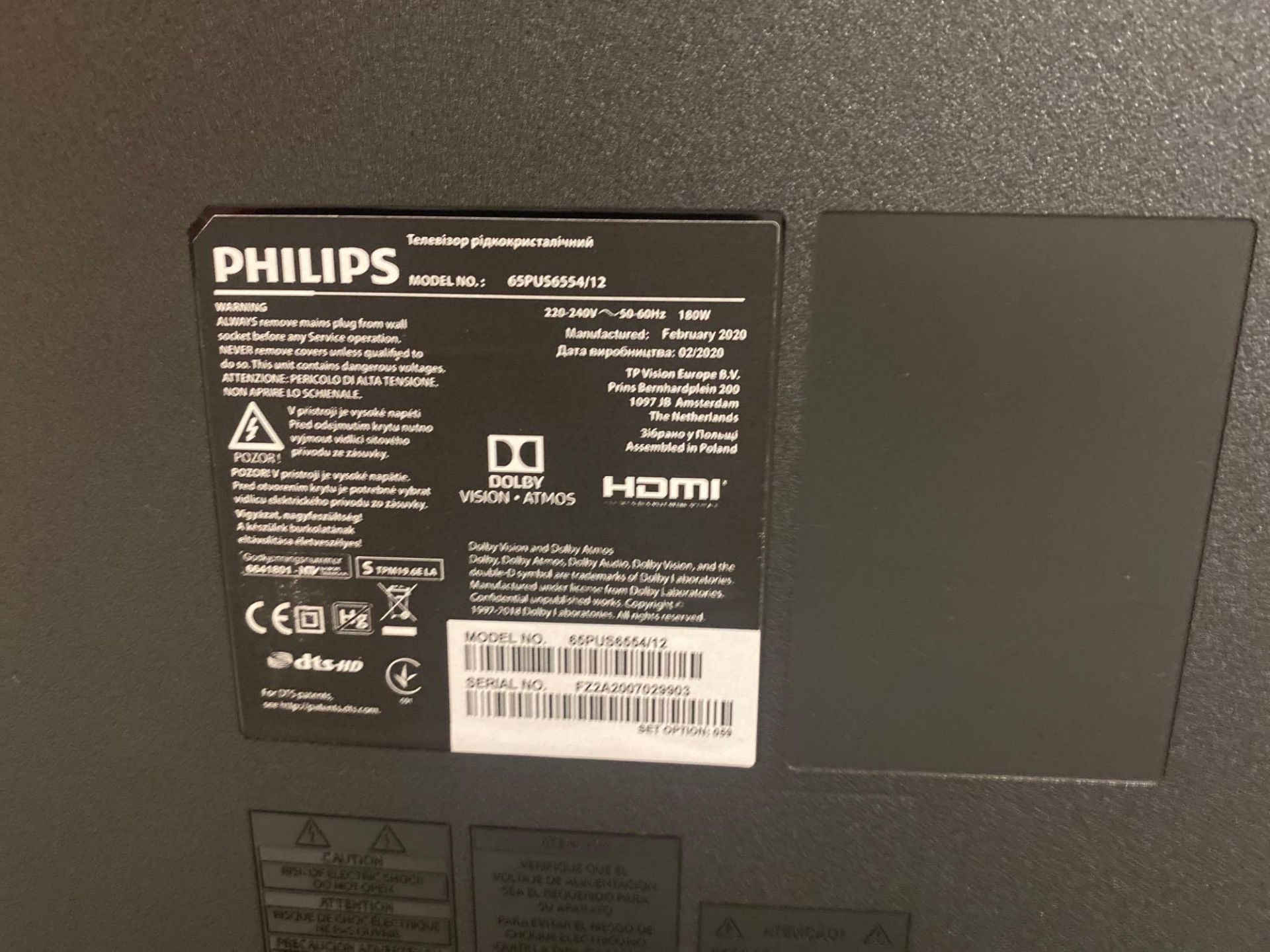 Phillips 65 inch 4K ultra HD LED TV model number 65PUS6554–12 - Image 4 of 4