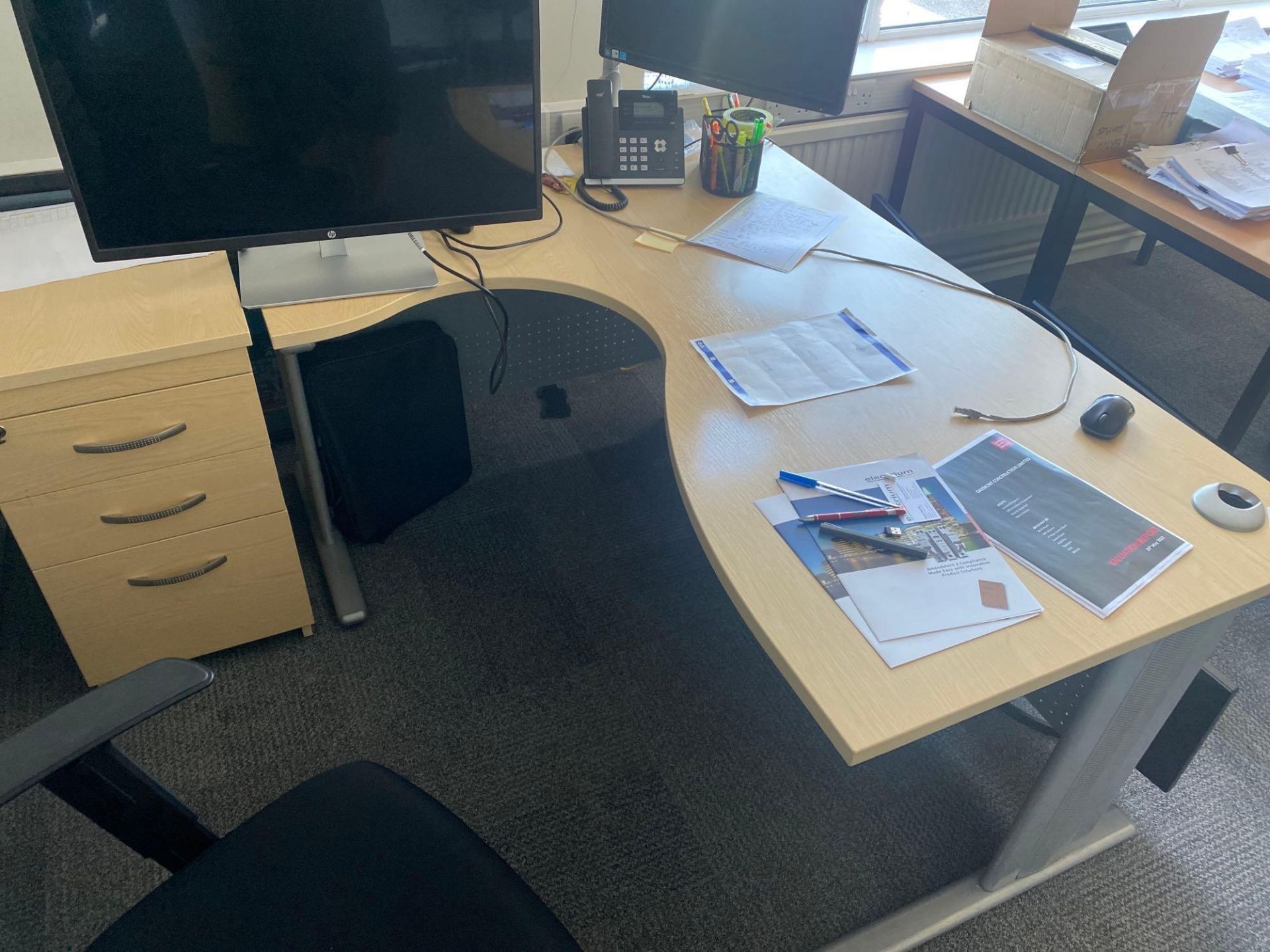 Two Light oak veneered wave front desks complete with two pedestals, two light oak tables and - Image 2 of 6