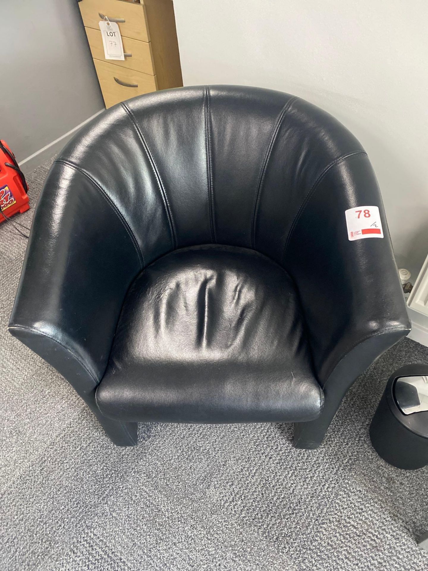 Two Black Leatherette tub chairs and a steel frame glass top display unit - Image 2 of 4