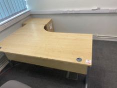 Light oak veneer L-shaped desk complete with matching desk high pedestal and two light oak two