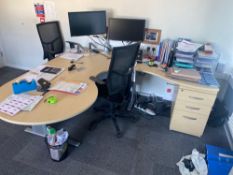 Two Light oak veneered wave front desks complete with two pedestals, two light oak tables and