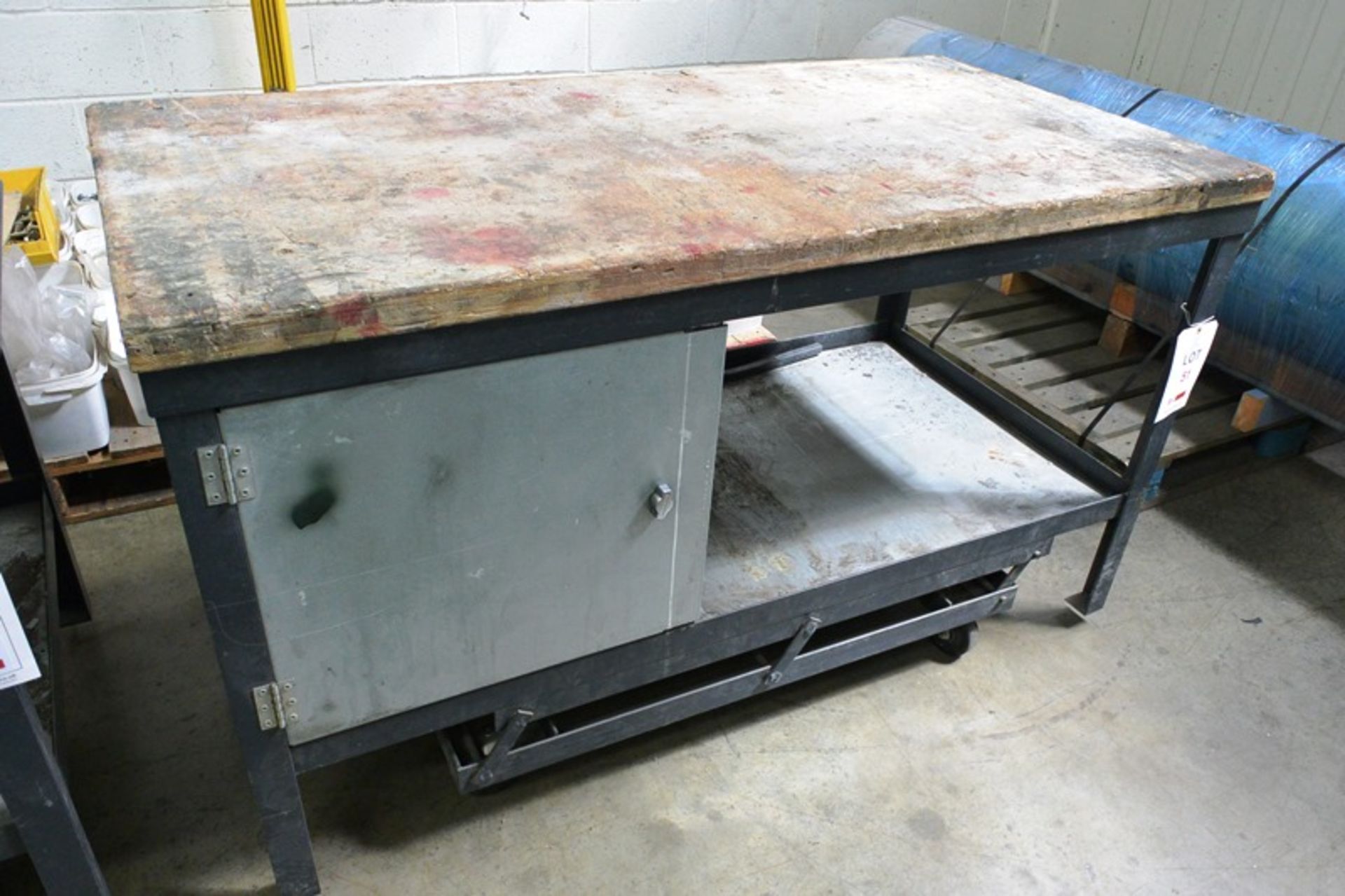 Steel frame mobile workbench, approx 1500 x 750mm