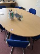 Wood effect 3 piece boardroom table, 1.6m x 2.4m, 8 blue upholstered chairs