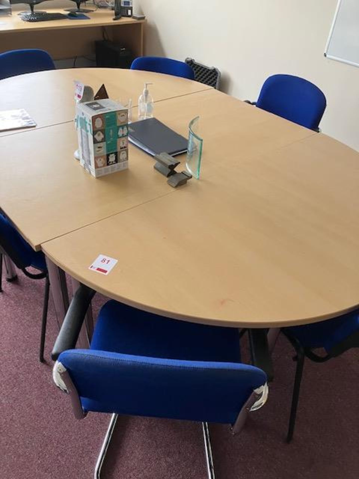 Wood effect 3 piece boardroom table, 1.6m x 2.4m, 8 blue upholstered chairs