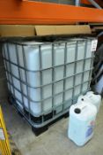 Plastic pallet mounted 1000 litre IBC, with cage (Please note: circa 100 litres of de-ionised water