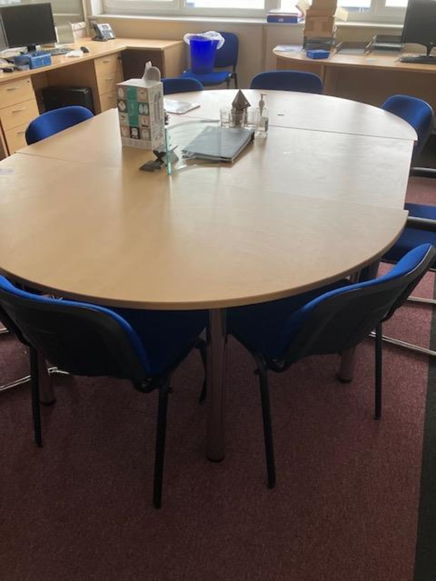 Wood effect 3 piece boardroom table, 1.6m x 2.4m, 8 blue upholstered chairs - Image 2 of 3