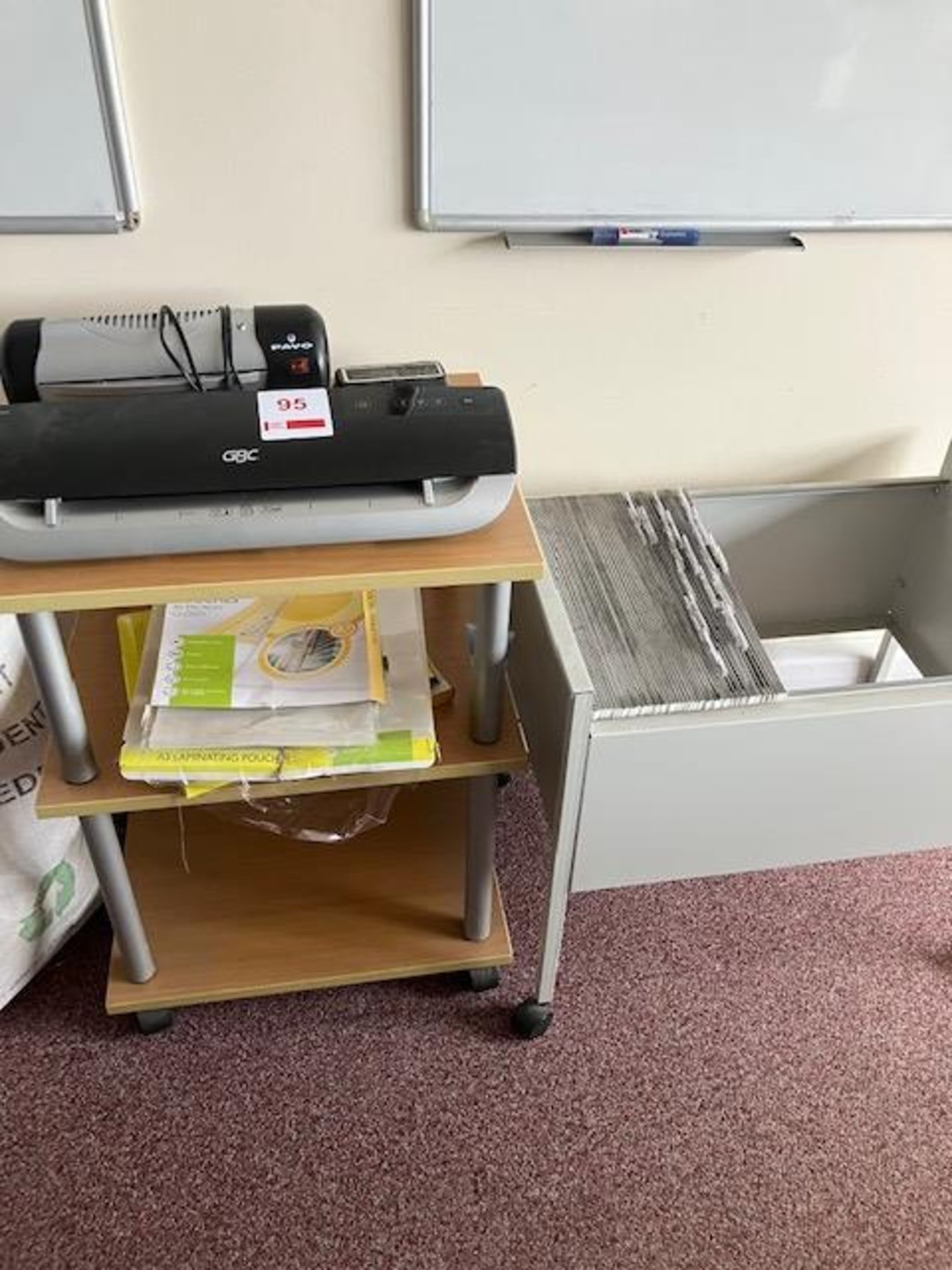 GBC A3 laminator, Pavo A4 laminator, table, stock and filing trolley