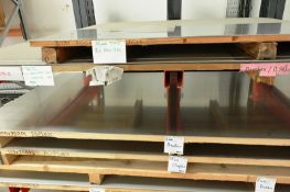 Quantity of assorted sheet stainless steel stock, located on two shelves, including various 2 - 3mm,