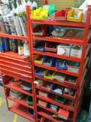 Two Metal storage units 530 x 1560 x 350mm c/w contents to include nuts, bolts, sealants and fixings