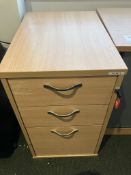 Two tambour fronted units, small table, pedestal