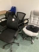 Four chairs to include 3 black upholstered, one grey upholstered massage chair