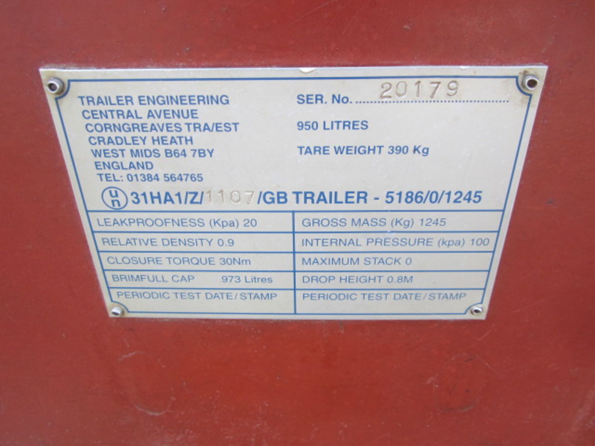 Trailer Engineering forkliftable bunded diesel fuel bowser, capacity 950 Litres, manual pump, - Image 5 of 6