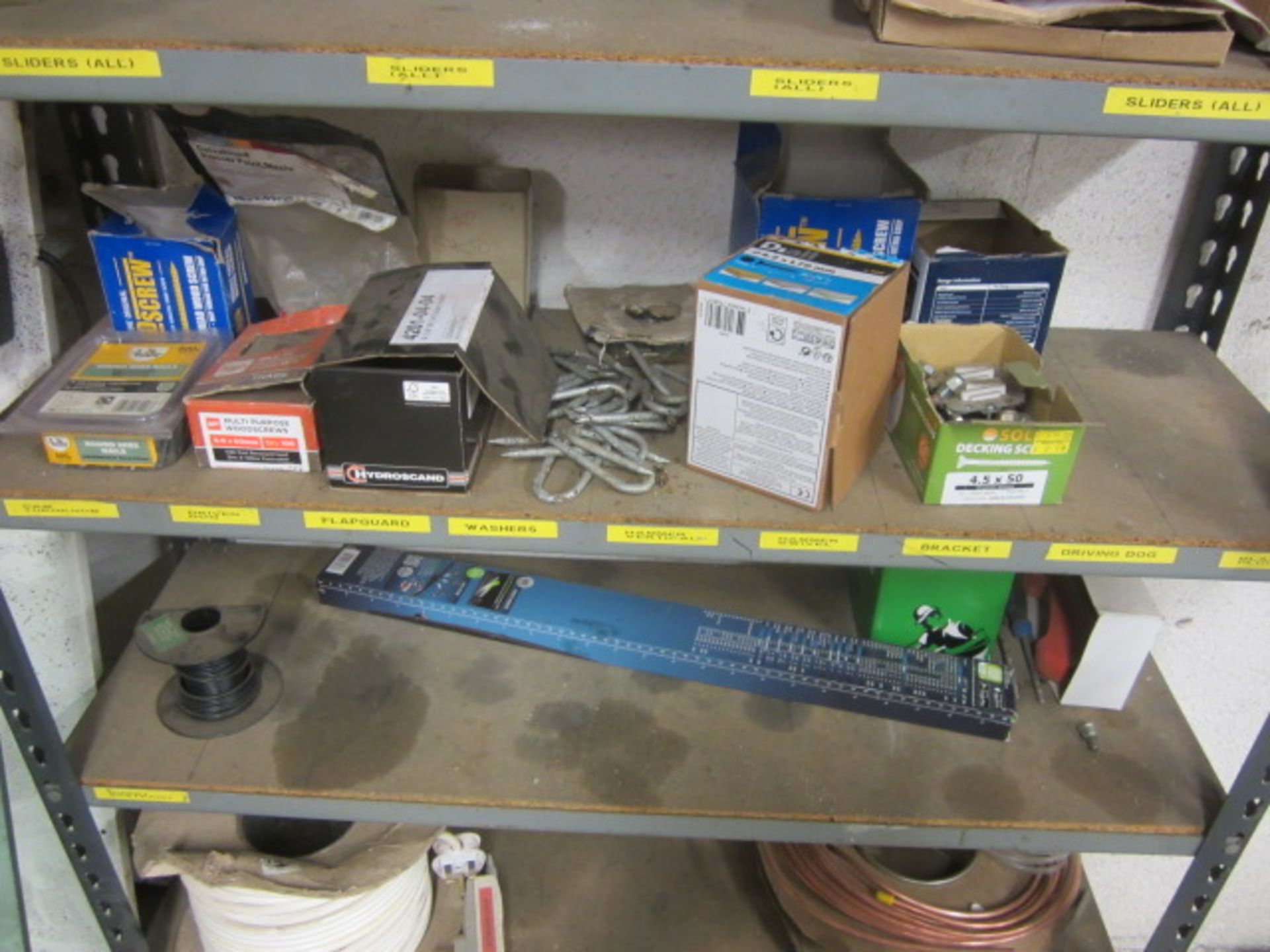 Rack with contents including wood screws, two reels of electrical wire, cable ties, etc. - Image 3 of 7