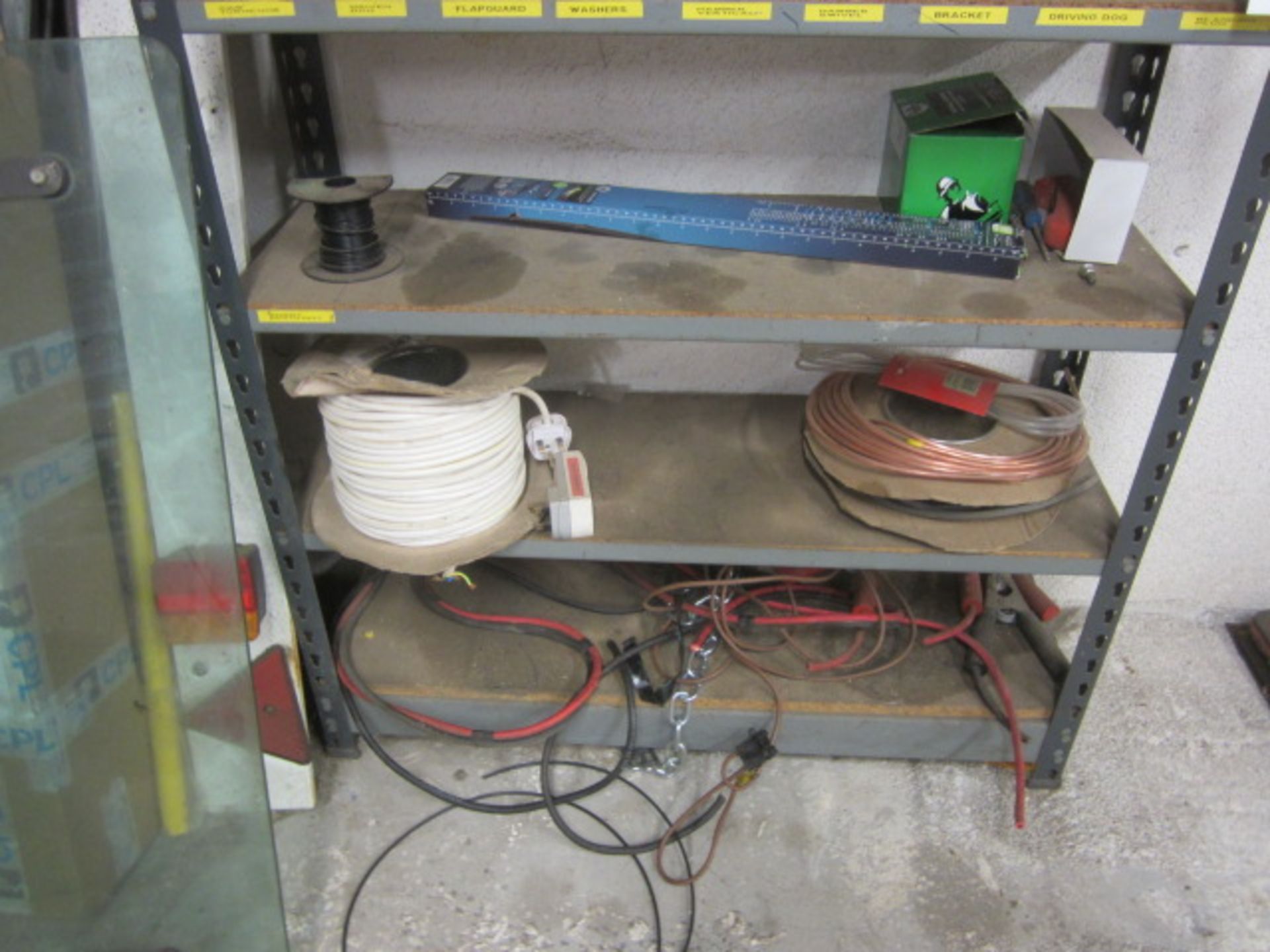 Rack with contents including wood screws, two reels of electrical wire, cable ties, etc. - Image 4 of 7