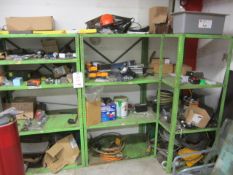 Three bays of racking with contents including mitres, hand sets, rubber strip, inspection lamp,