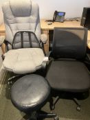 Two assorted office chairs & stool