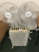 Two electric fans and one electric heater