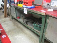 Metal workbench with single drawer including storage & shelf, approx. 2m x 750mm, with 7" bench