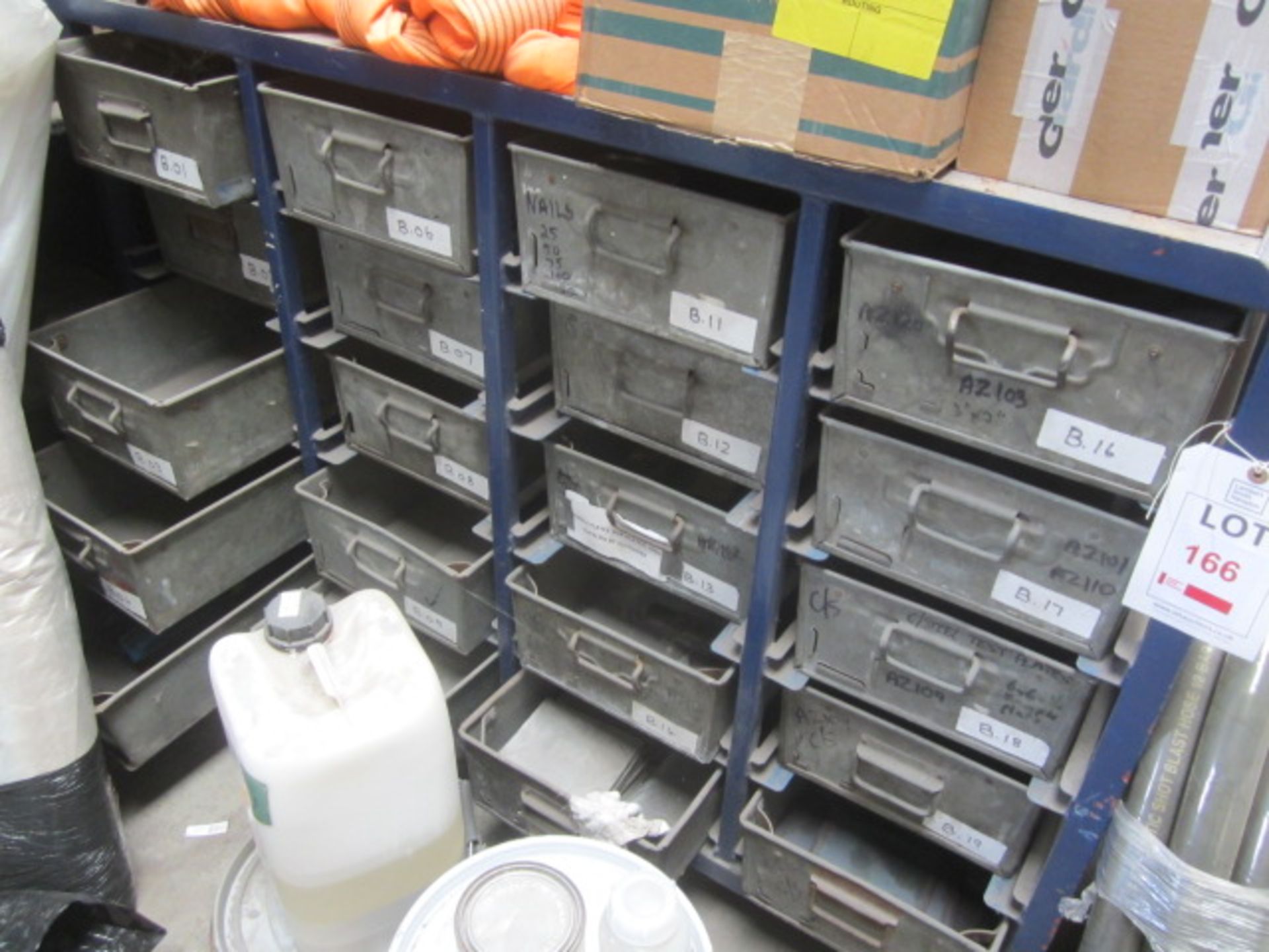 Three 20 bin steel storage racks and assorted stock contents including metal sample plates, - Image 2 of 2