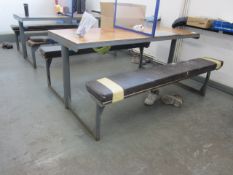 Five double sided timber topped metal framed bench seats